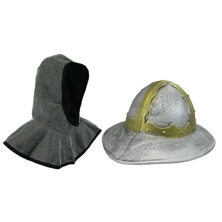 Medieval Faux Crusader Kettle Helm Knight Helmet And Chainmail Mask Coif Costume