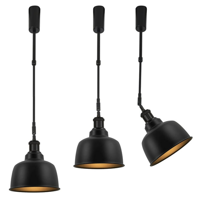FSLiving Adjustable Height Track Pendnat Light H-Type Industrial Retractable Track Spotlight with Telescoping Rod Gimbaled Lamp-Post Halo Track Instant On Black Dome Lamp, 3 Lights