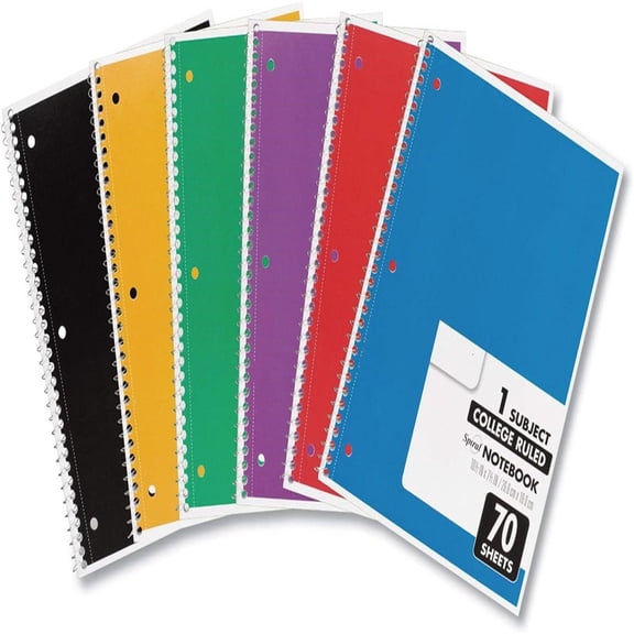 Spiral Notebook, 1 Subject, College Ruled Paper, 7-1/2" x 10-1/2", 70 Sheets per Notebook, Colors Will Vary, 6 Pack