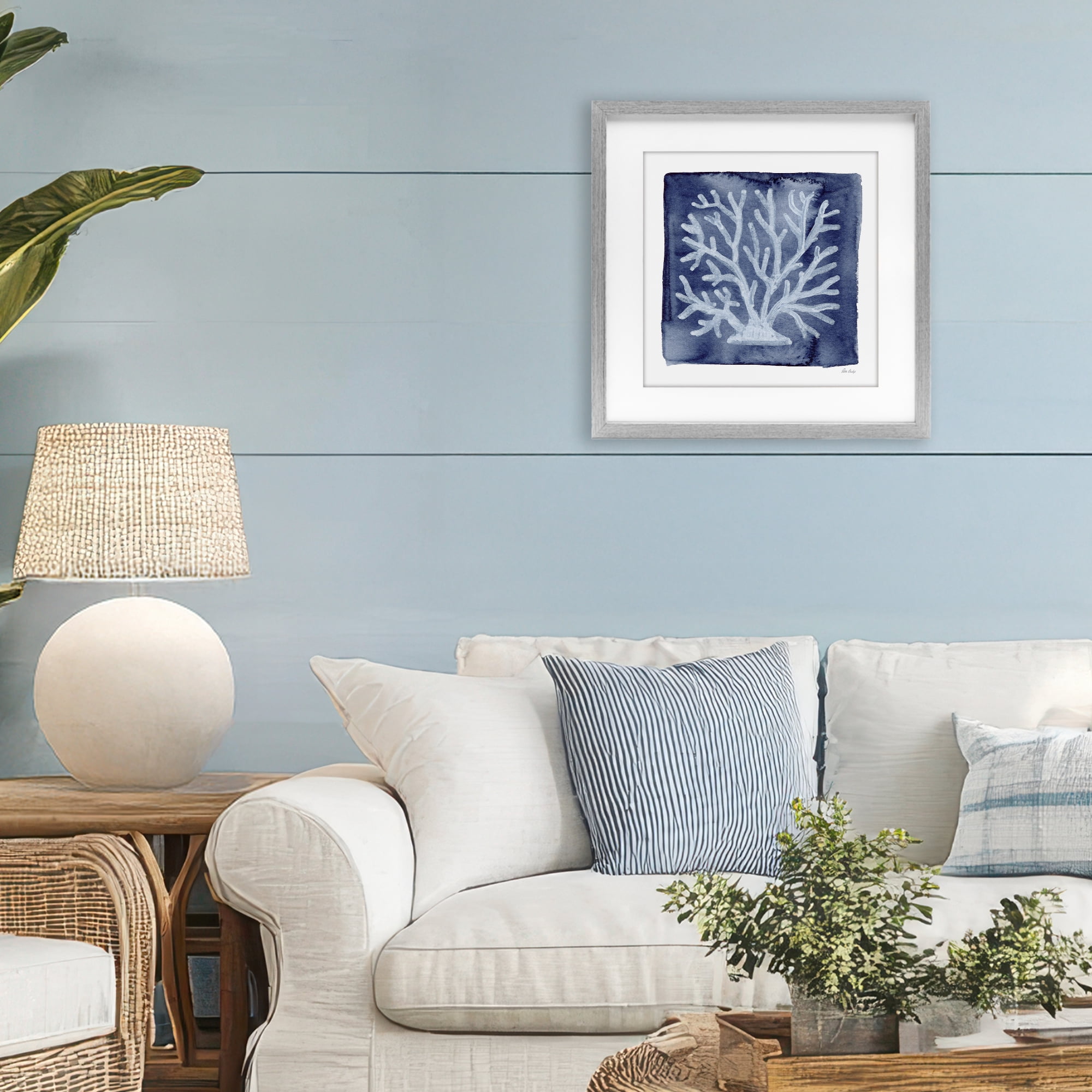 Stupell Industries White Coral on Indigo Gray Framed Print Under Glass, design by Patti Bishop