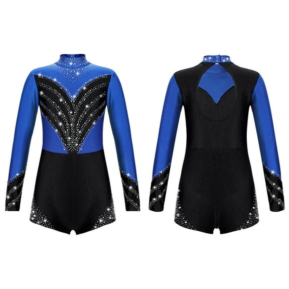 renvena Kids Girls Long Sleeve Shiny Diamond Gymnastics Leotard Ballet Dance 6-16 Royal Blue 12