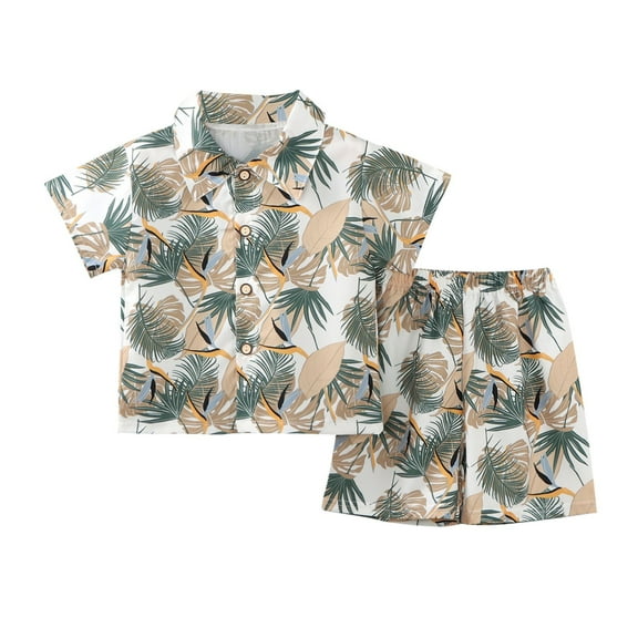 CYRBOKO Outfit Sets for Boys, Cotton Thin Elastic Waist Hawaiian Button Down Shirt and Shorts White Size 7-8 T