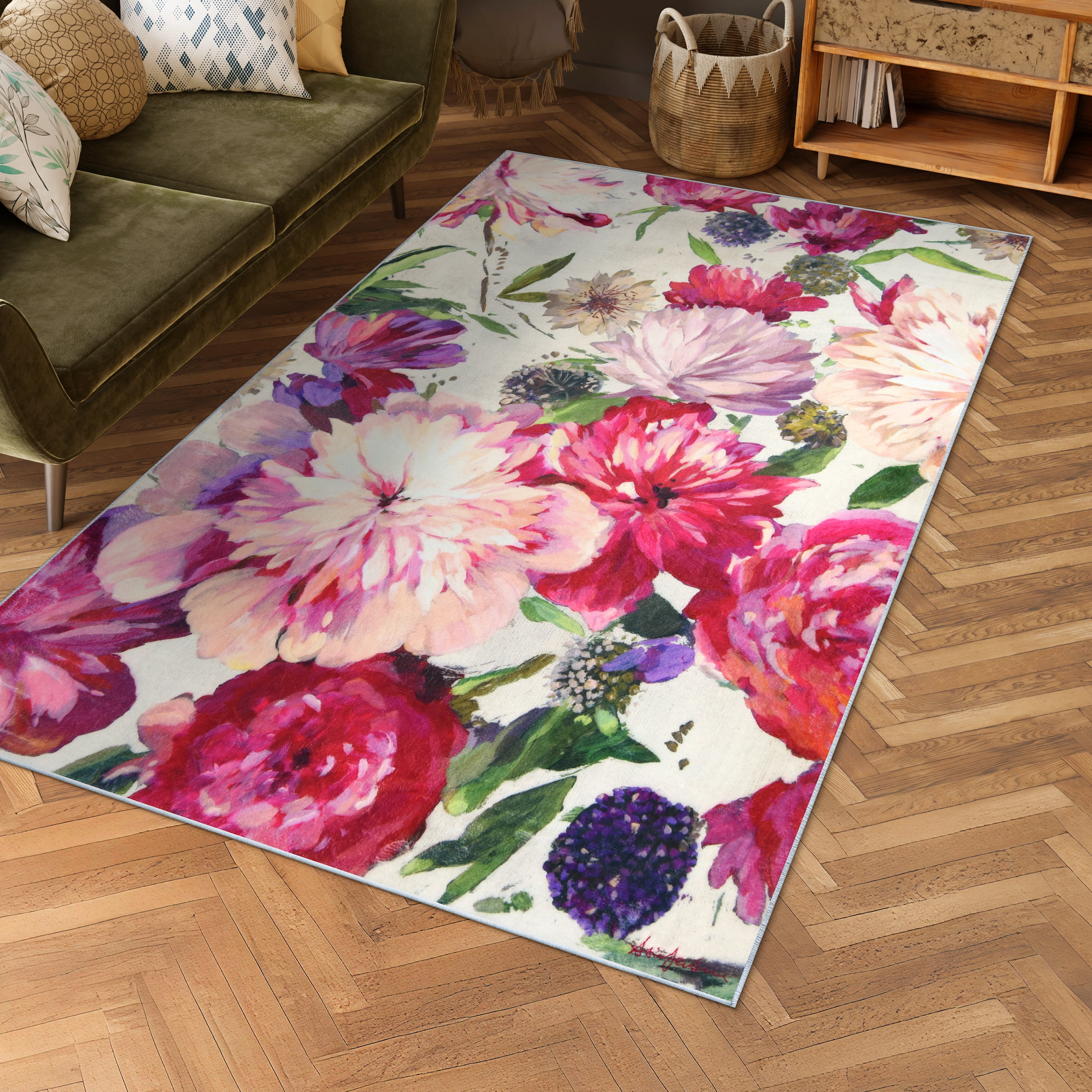 Amoroso B, 5'x8' Hand Washable Flowers Art Area Rug