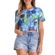 thumbnail image 1 of Top Impreso con Hojas Inspire Chic para Mujer, Cuello Redondo, Semi-Translúcido, Crop Top XL Azul, 1 of 5
