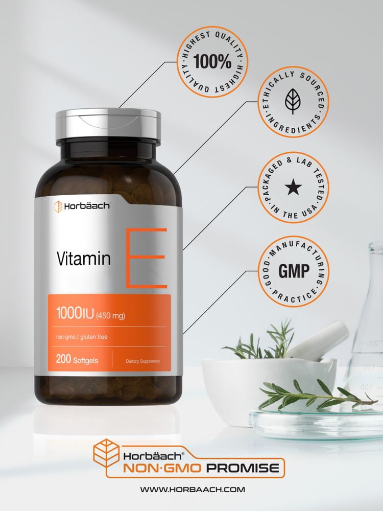 Vitamin E Capsules 1000 IU | 200 Softgels | Preservative Free | by Horbaach