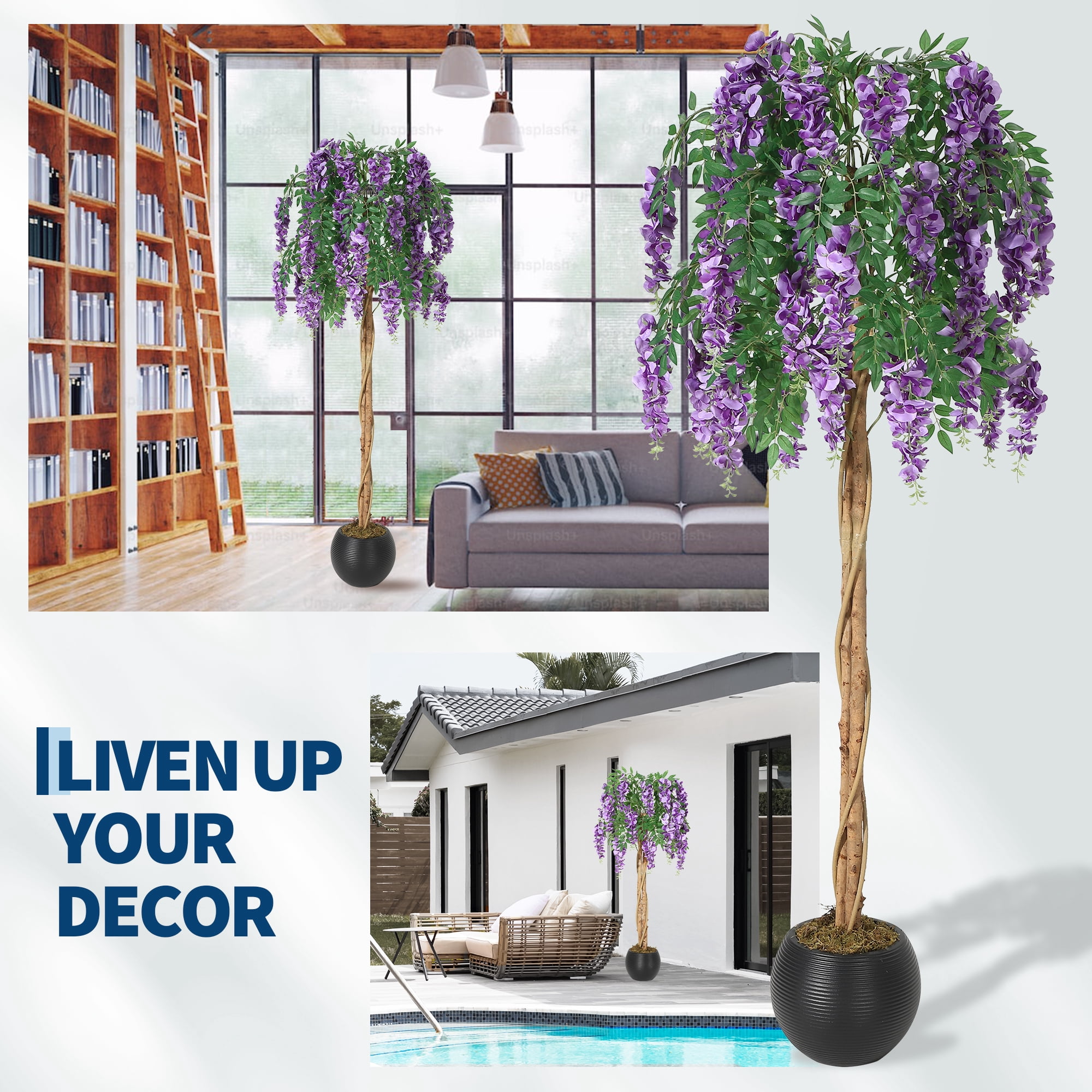 PYY Lifelike Silk Purple Bean Flower Tree – Realistic Double Vine Stems, Hanging Moss, Decorative Faux Plant in Cement Pot for Home, Office, Wedding, or Photo Backdrop, Indoor Decor, 6FT