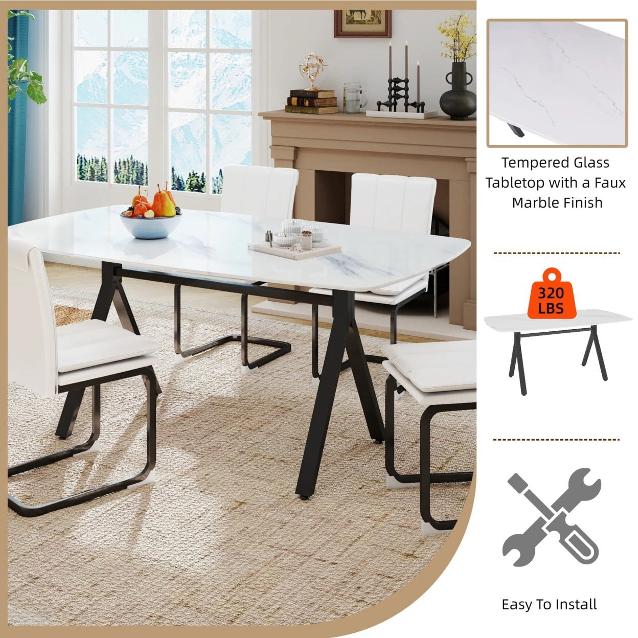 Modern Rectangular Dining Table with Faux Marble Tempered Glass Top, Black Metal Legs, Elegant Kitchen Table for Dining Room, Restaurant, Family Meals & Gatherings, White