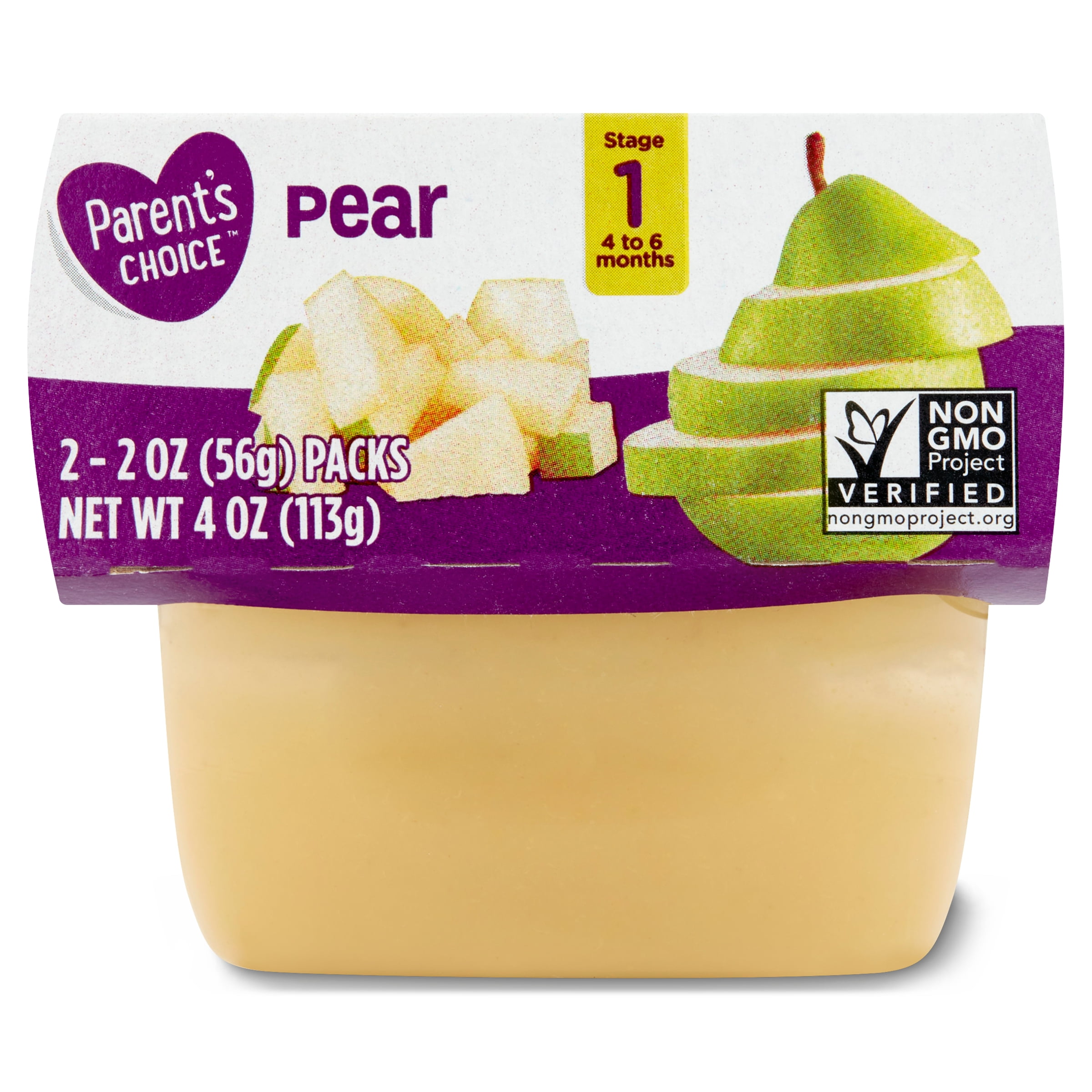 Parent's Choice Non-GMO Stage 1 Baby Food, Pear, 4 oz Tub, 2 Count