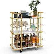 GOFLAME Rolling Bar Cart Gold, 3-Tier Kitchen Utility Cart with Sturdy Steel Frame, Marble-Finish Top & Convenient Handle, Lockable Casters, Metal Serving Cart for Kitchen, Bar, Club, Restaurant