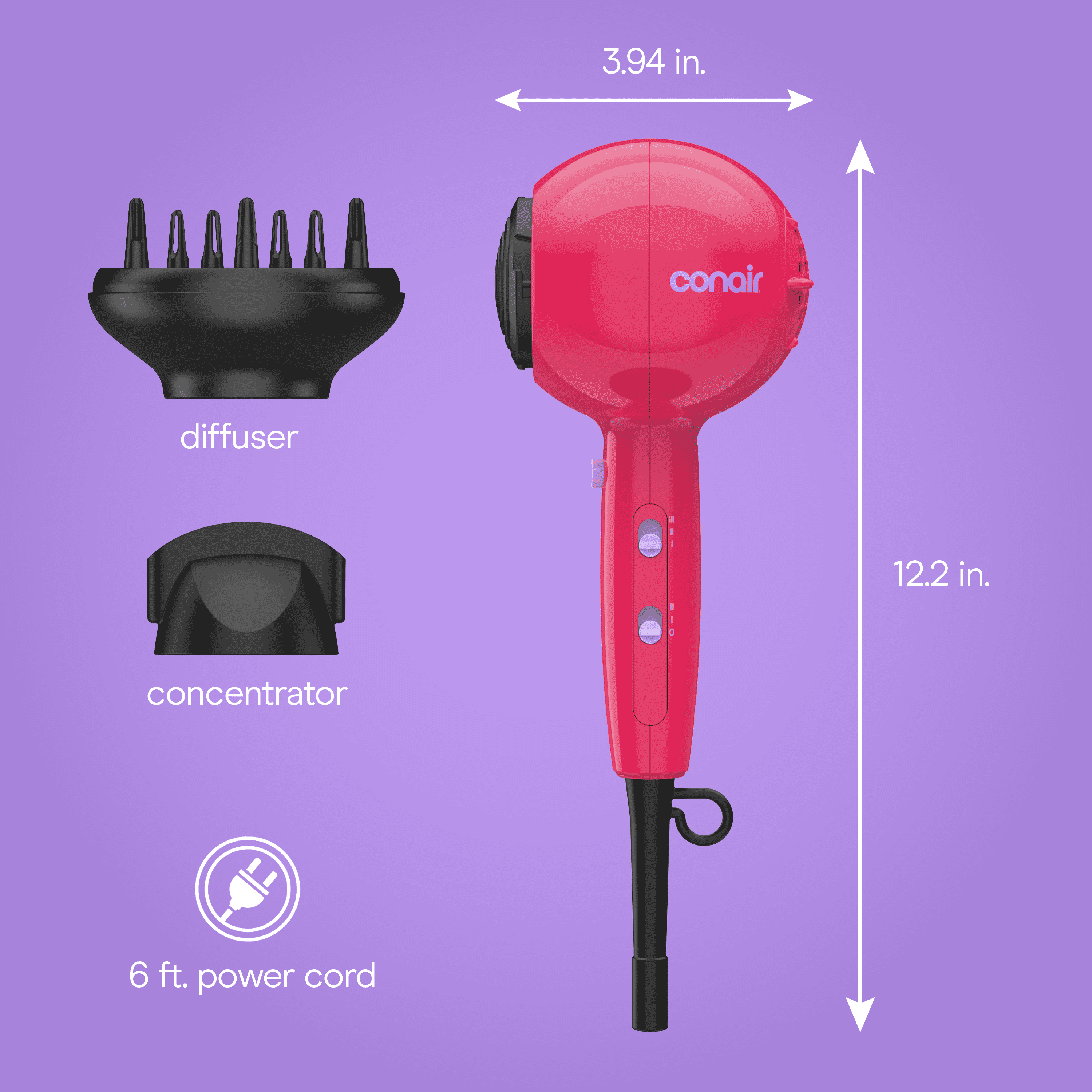 Conair Cake Pop Hair Dryer with Diffuser & Concentrator Attachments, Berry, 1 Count