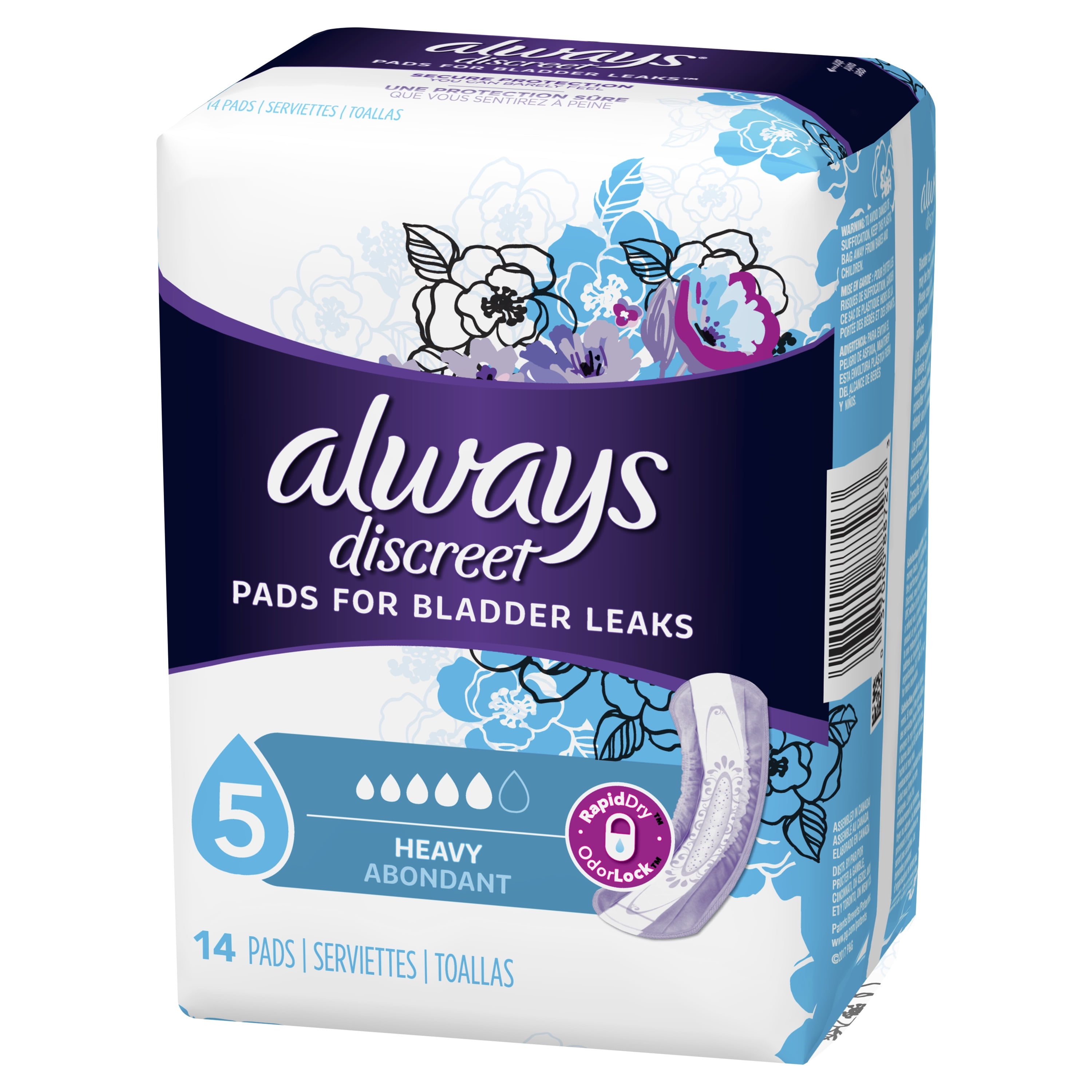 Total 64 Always Discreet Incontinence 4 Packs of 16 Count for Sensitive Bladder Pads+ Long Pads 5 Drops Absorbency