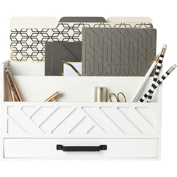 Mail Organizer Countertop Kitchen - White Wood Desk Organizer Storage with Drawer - Mail Sorter Organizer or Bill Organizer for Desk - Farmhouse Desk Organ