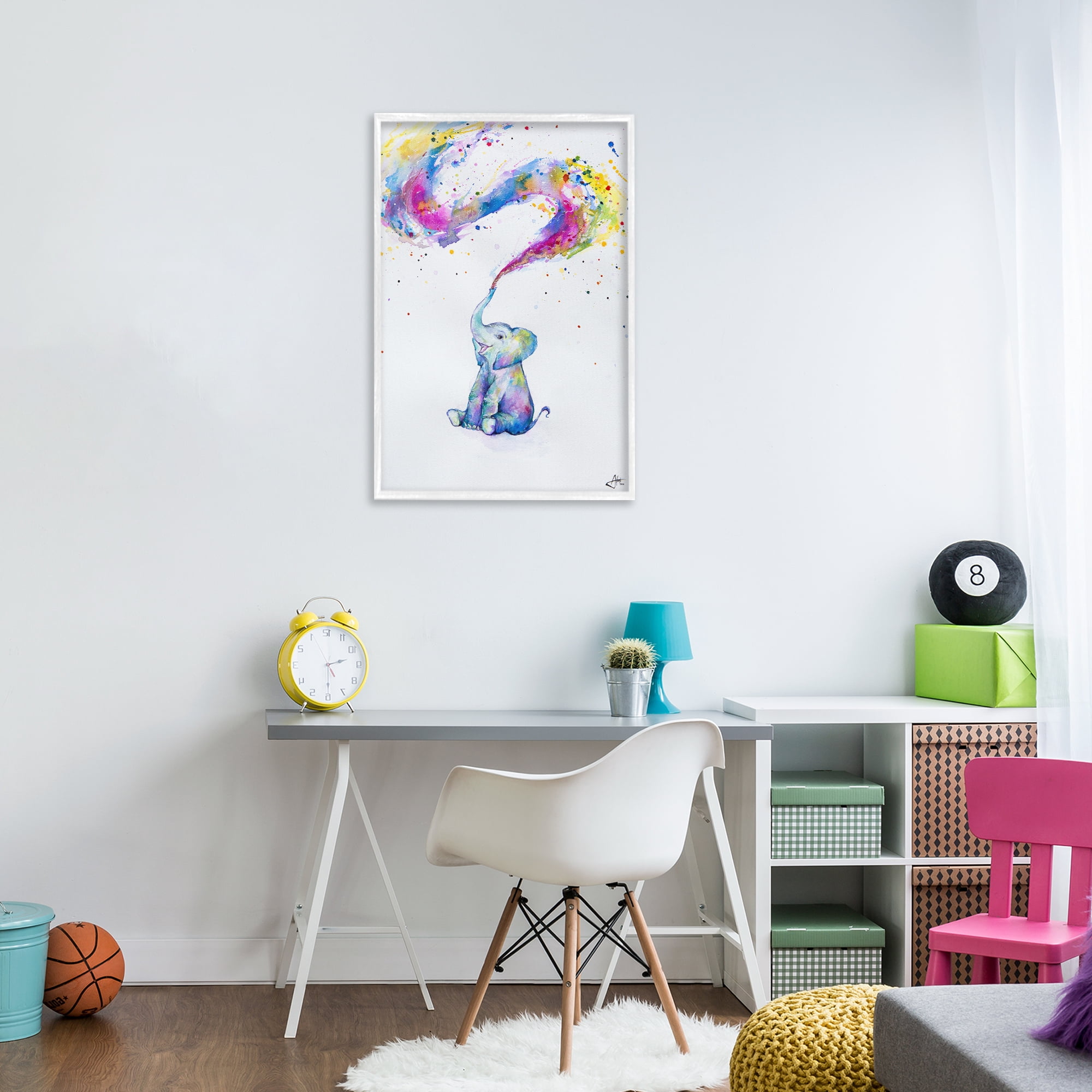 Stupell Industries Spring Elephant & Paint Splatter White Framed Giclee Art, design by Marc Allante