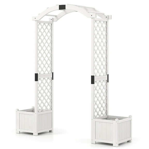 WgoodW White Wooden Garden Arbor with Planter & Trellis – Decorative Arch for Climbing Plants, Enhances Yard Greenery