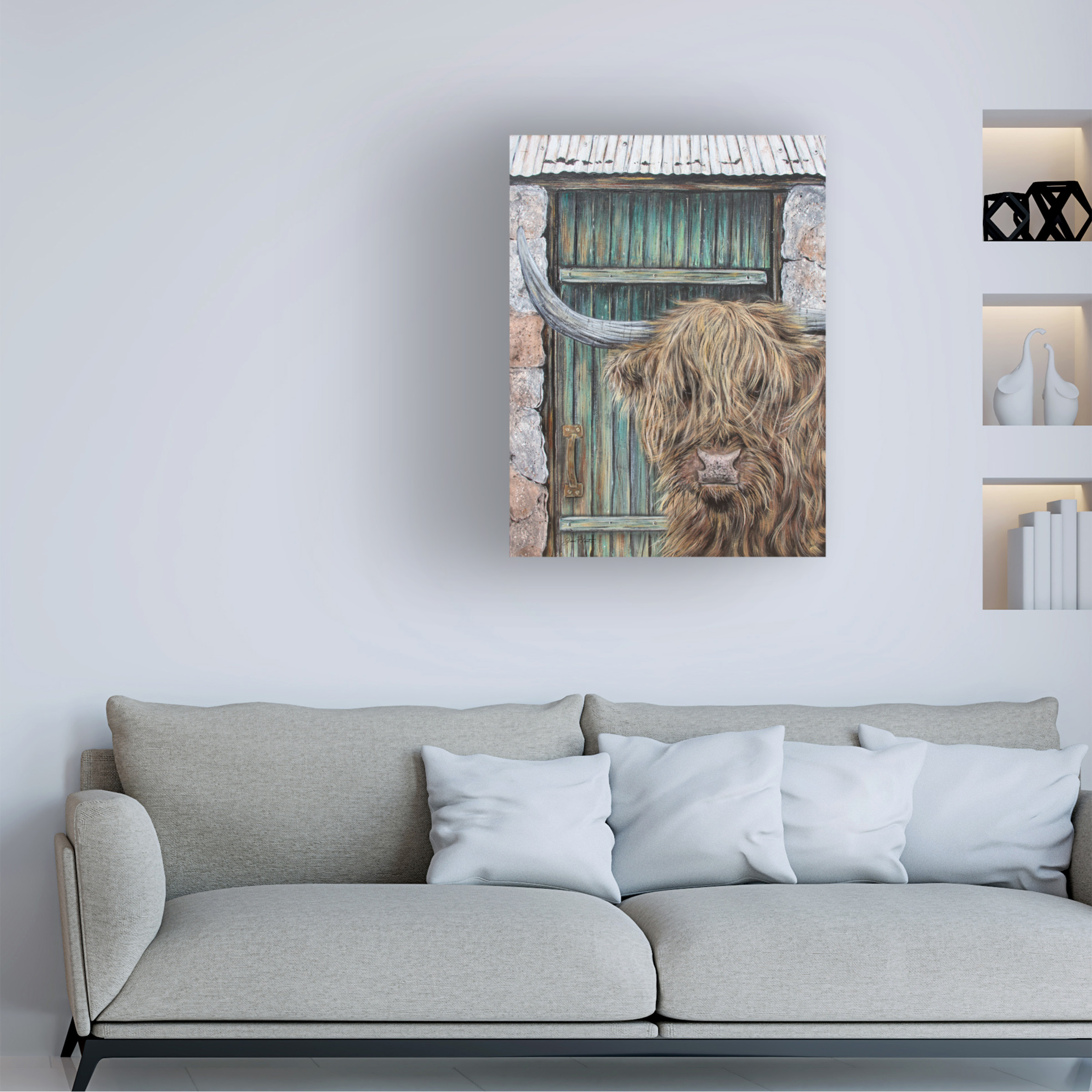 Canvas Wall Art - Jean Plout 'Highland Cow By Barn Door A' Wall Art for Living Room, Bedroom, or Office DÃ©cor by Trademark Fine Art - 14 x 19 Inches