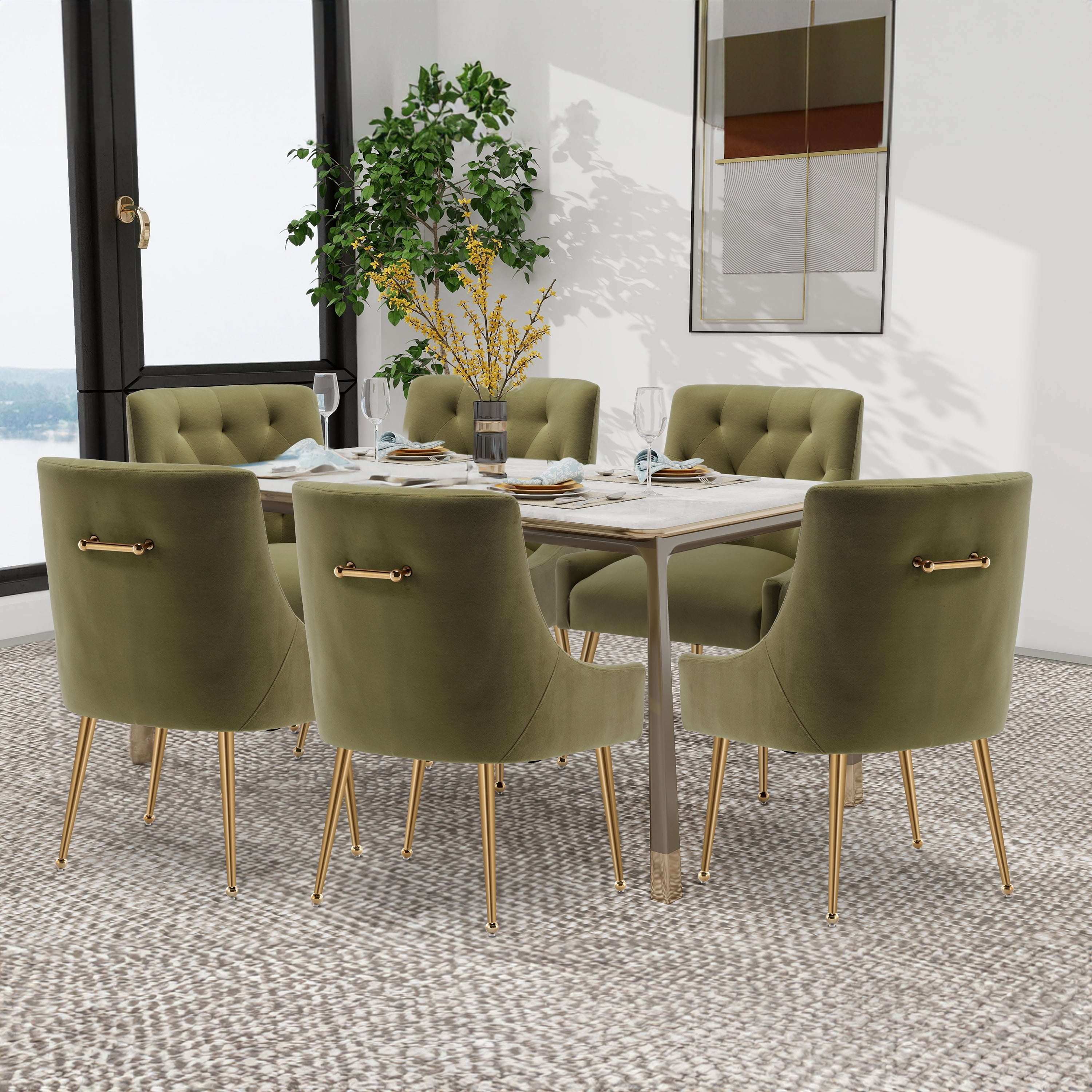 SEYNAR Elegant Tufted Upholstered Dining Chairs Set of 6, Velvet Accent Chair for Dining Room(Green)