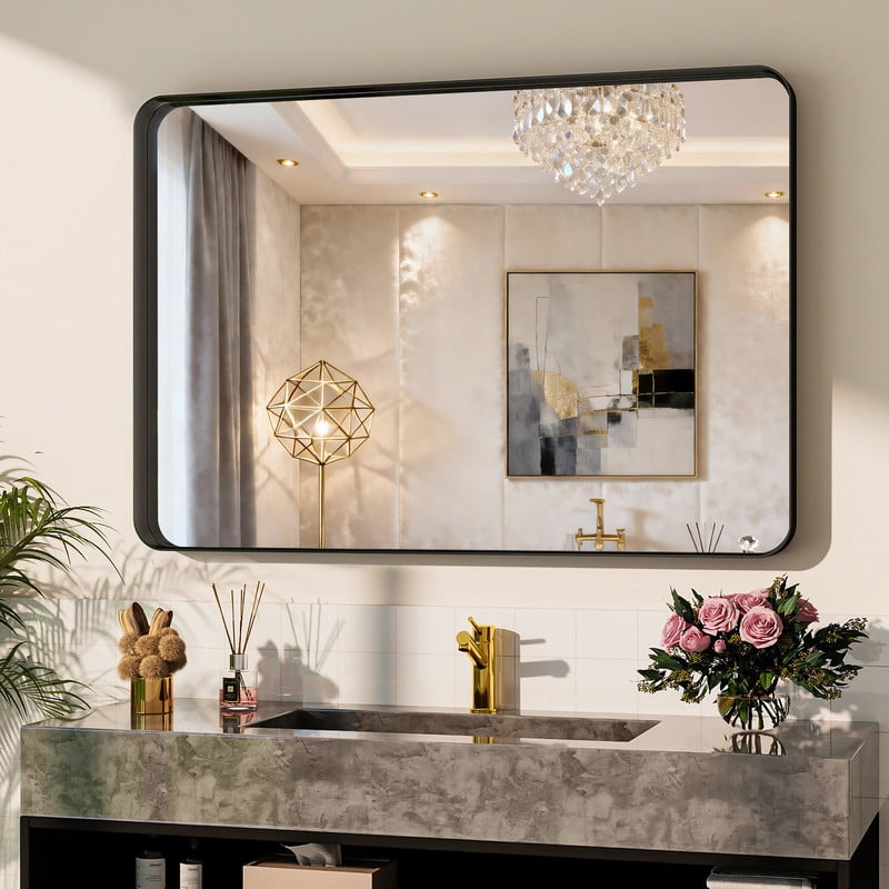 Easy4Home 48"x32" Extra Large Deep Frame Rounded Rectangle Bathroom Mirror Decor Vanity Mirror Wall Mounted,Black