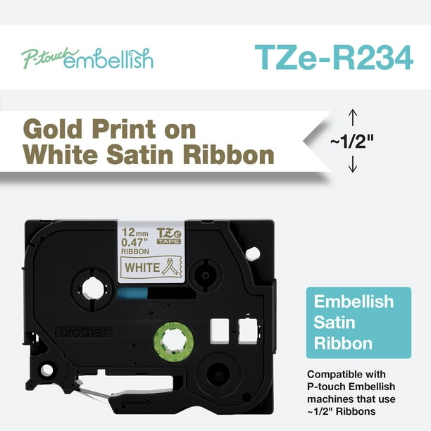 Brother Ptouch Gold on White Satin Ribbon, TZER234, For Embellish