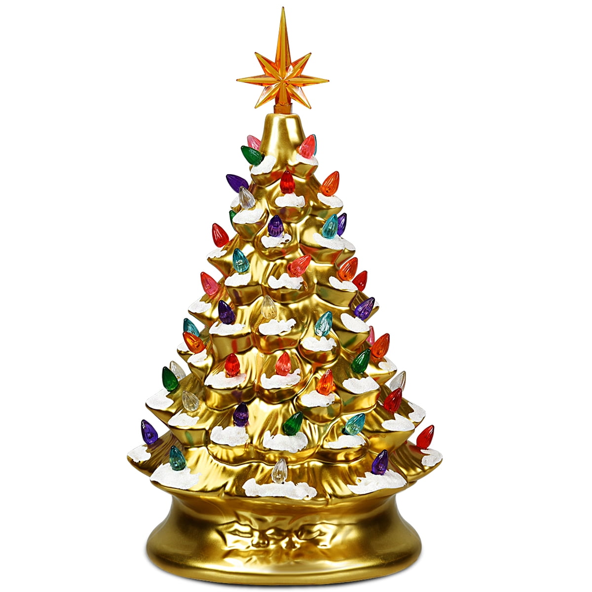 Costway 15" Pre-Lit Hand-Painted Ceramic Tabletop Christmas Tree Battery Gold 