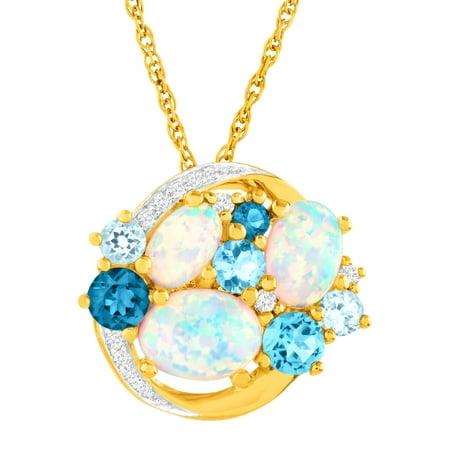 2 3/8 ct Created Opal, White Sapphire & Natural Blue Topaz Pendant Necklace in 14kt Gold-Plated Sterling Silver