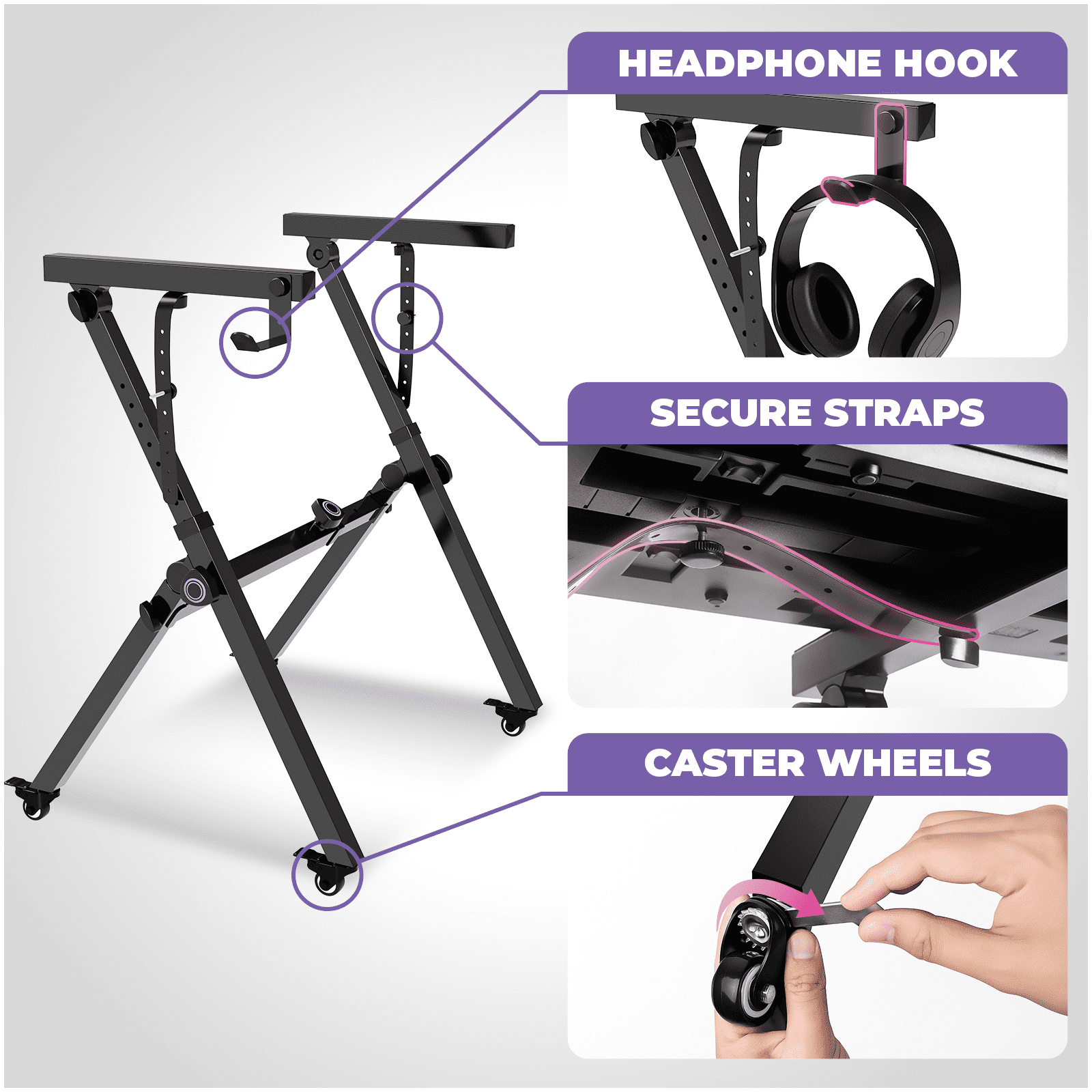 Liquid Stands Foldable Piano Keyboard Stand and Bench Set, caster wheels - Portable Heavy Duty Digital Piano Stand for 54-88 Key Electric Piano, Adjustable Piano Bench Stool Keyboard Music Stand Seat