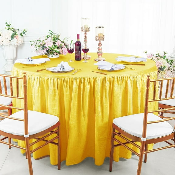 Wedding Linens Inc. 60"W x 30"H Round Ruffled Fitted Crushed Crinkle Taffeta Tablecloth Table Cover Linens With Skirt - Canary Yellow