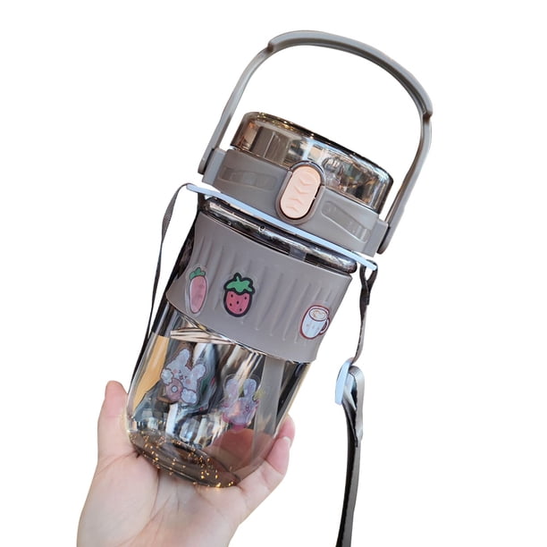 Linda botella de agua con pajita, botella para beber al aire libre con correa ajustable para el hombro, soporte para teléfono para la escuela, niños, niñas, camping, deportes, viajes