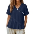 thumbnail image 4 of Craaazy Women's Plus Size Versatile Solid Color Cotton Linen V-Neck Short Sleeve T-shirts with Ruffle Trim for Daily Wear, 4 of 7