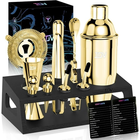 Mixology Bartender Kit with Stand | 12-Piece Cocktail Shaker Set | 24oz Martini Shaker Set for Drink Mixing | Bar Set Includes All Bar Tools and Recipe Booklet | Fun Housewarming Gift (Rainbow)