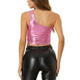 thumbnail image 3 of Top corto metálico para mujer de un solo hombro, ropa de fiesta de Halloween, club, camisetas brillantes holográficas, XL rosa, 3 of 6