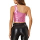 thumbnail image 3 of Top corto metálico para mujer de un solo hombro, ropa de fiesta de Halloween, club, camisetas brillantes holográficas, XL rosa, 3 of 6