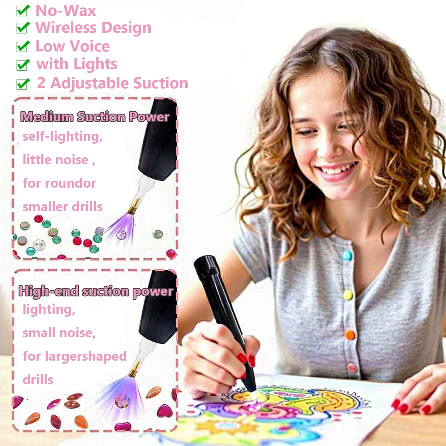 Wiher Diamond Art Pen, Electric Vacuum Diamond Tool with Light 2 Adjustable Suction Mode, No Wax Needed Cordless Quiet Lightweight Design for Kids Adults Gift for Diamond Art Fan, Black