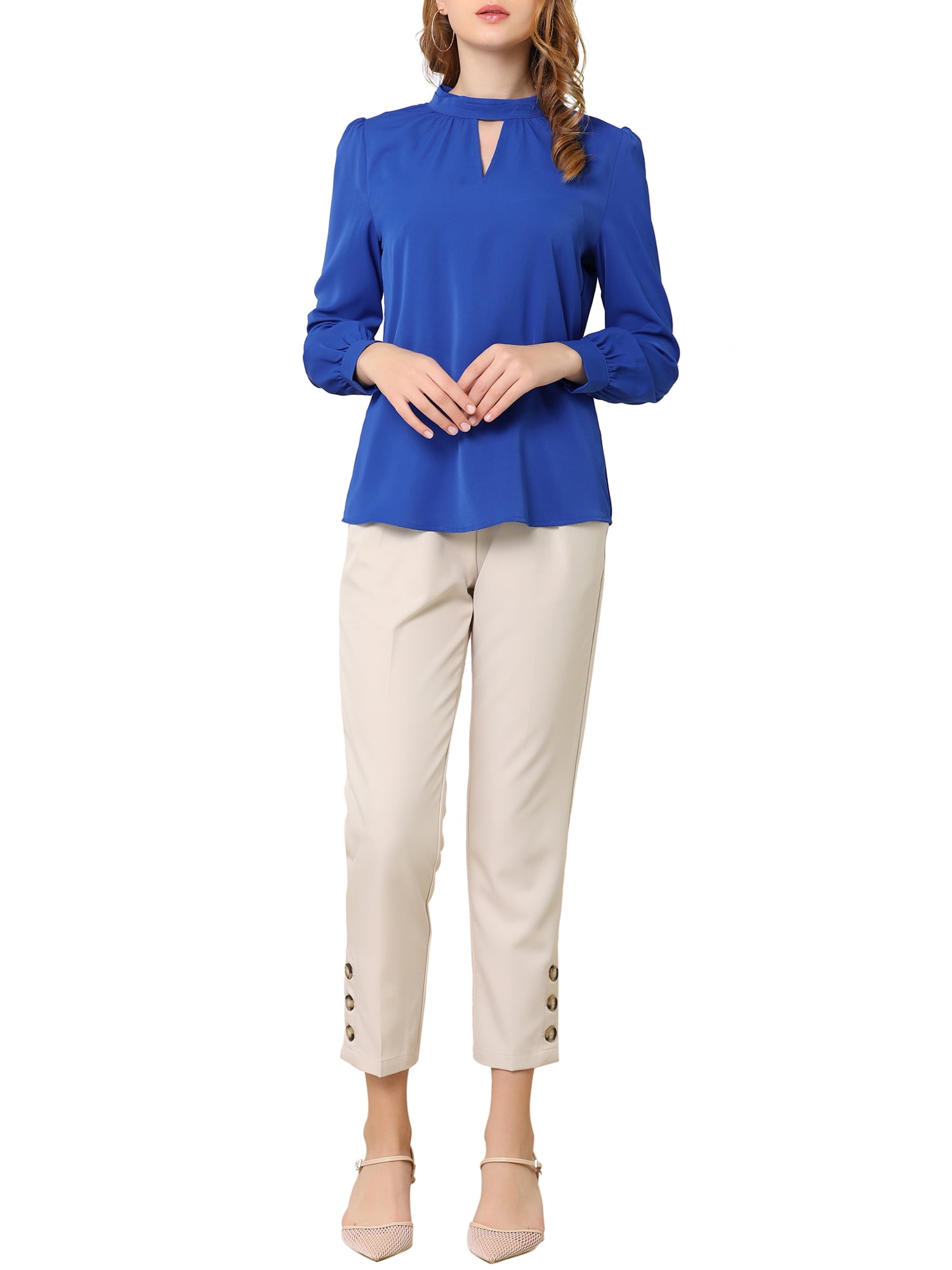 DARING DIVA Women's Stand Collar Long Sleeve Office Blouse S Royal Blue