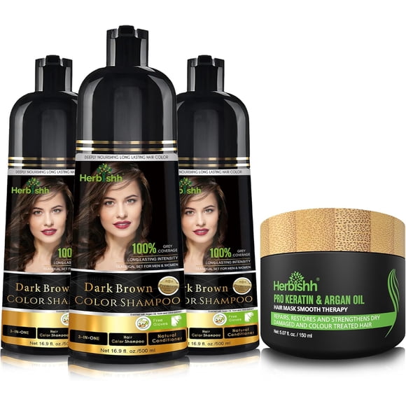Herbishh Dark Brown Hair Color Shampoo for Gray Hair, Hair Dye Shampoo with Argan Hair Mask,3 in 1, 100% Gray Coverage, Permanent Hair Color for Men & Women, Ammonia-free, (Pack of 3)