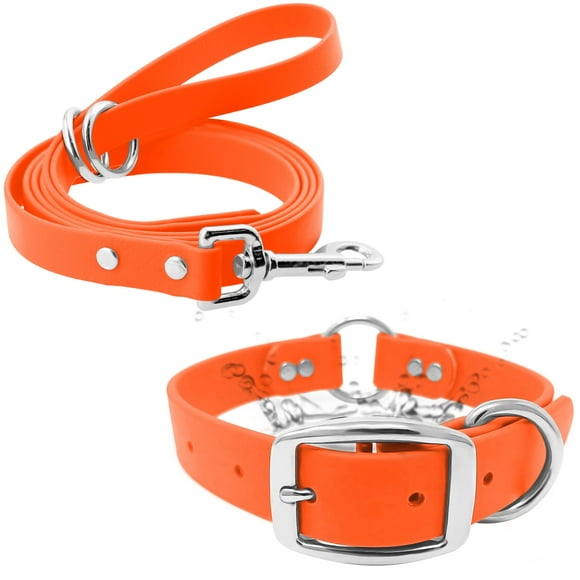 Regal Dog Products Small Orange Waterproof Dog Collar and Leash Set - Vinyl Coated, Biothane Puppy Pet Training Collar with Heavy Duty Center Ring & 5'ft Leash