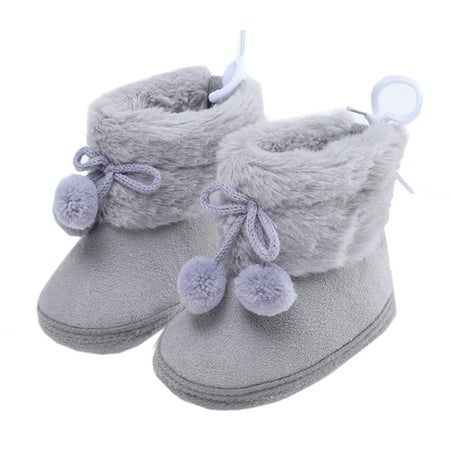 

0-18M Baby Girls Pom-Poms Snow Boots Non Slip Soft Sole Toddler First Walker Winter Warm Crib Shoes
