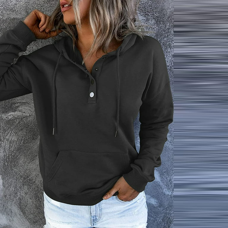 Kddylitq Womens Pullover Quarter Zip V Neck Lightweight Hoodie Zipper with Kangaroo Pocket Solid Color Button Hoody Long Sleeve Sweater Clips to Hold