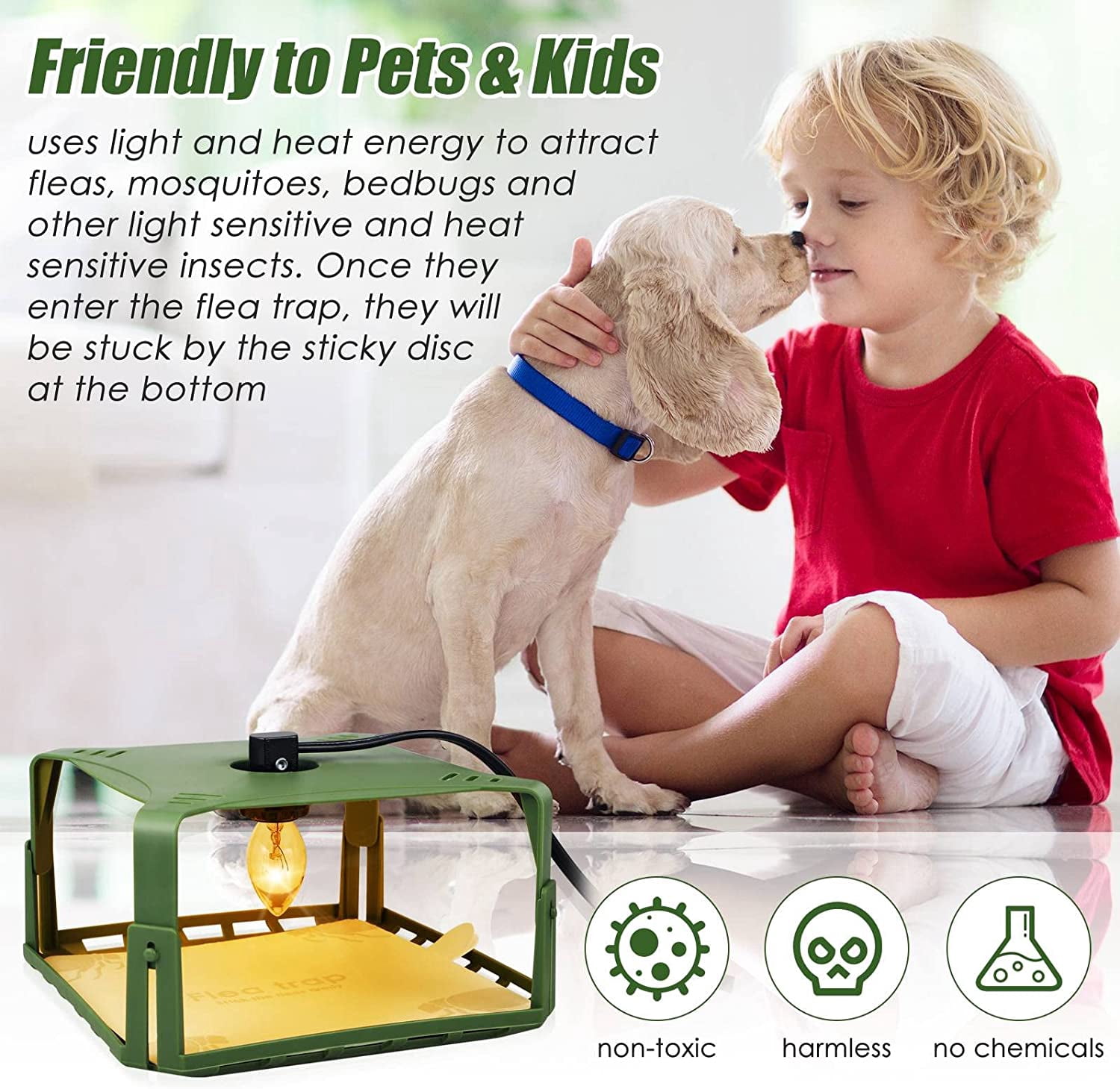 G·PEH 2 Pack Flea Traps with 4 Sticky Discs & 6 Bulbs & 2 Electric Wires, Flea Killer Indoor Bed Bug Trap Pest Control, Safe & Harmless, Friendly to Pets & Kids-Adjustable Height, Green