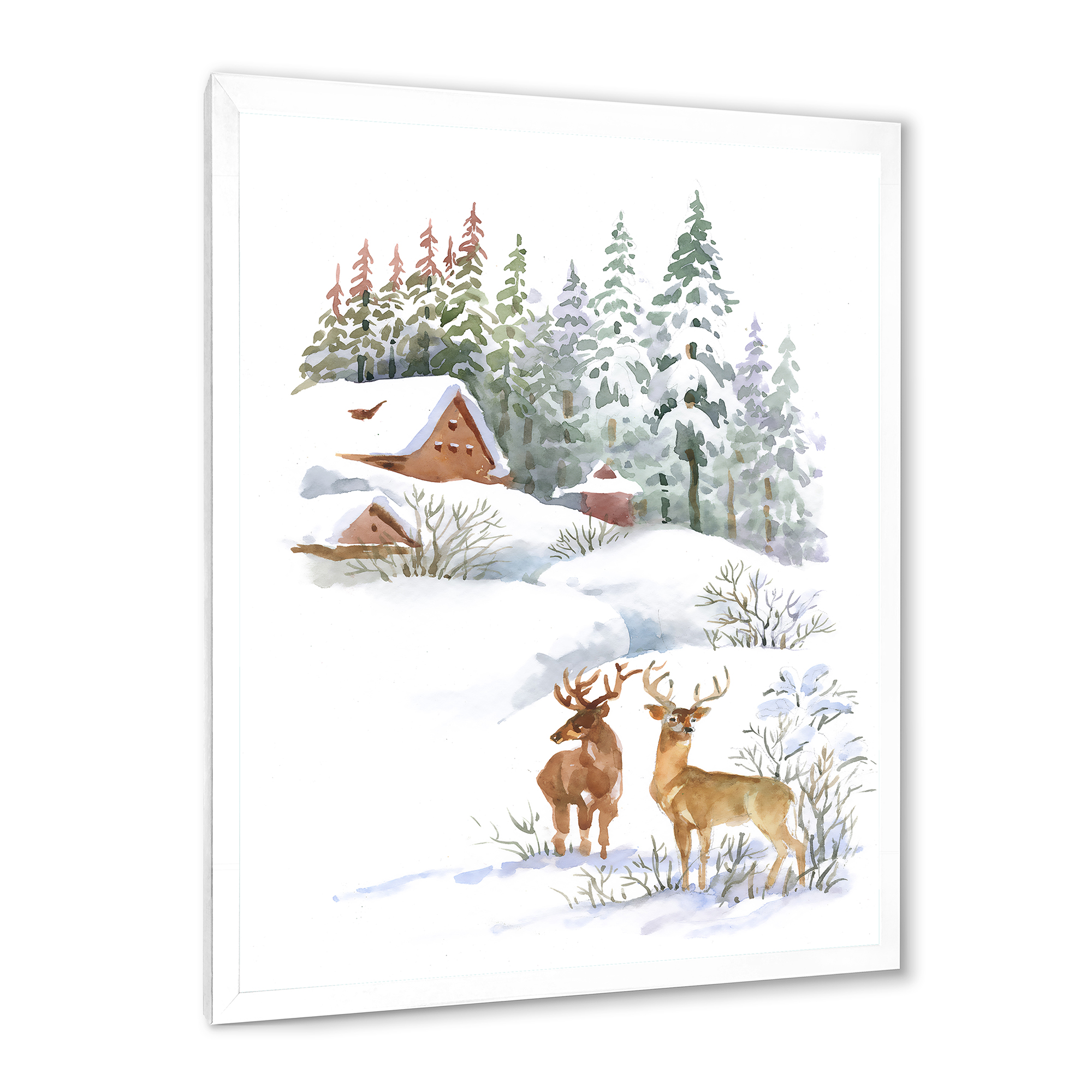 Designart 'Two Deers With Winter Cottage' Farmhouse Framed Art Print