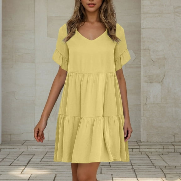 Busydd Summer Dresses for Women 2025 Solid Color V Neck Spring Dress Casual Short Sleeve Ruffle Sundresses for Women Trendy Loose Pleated Mini Dress