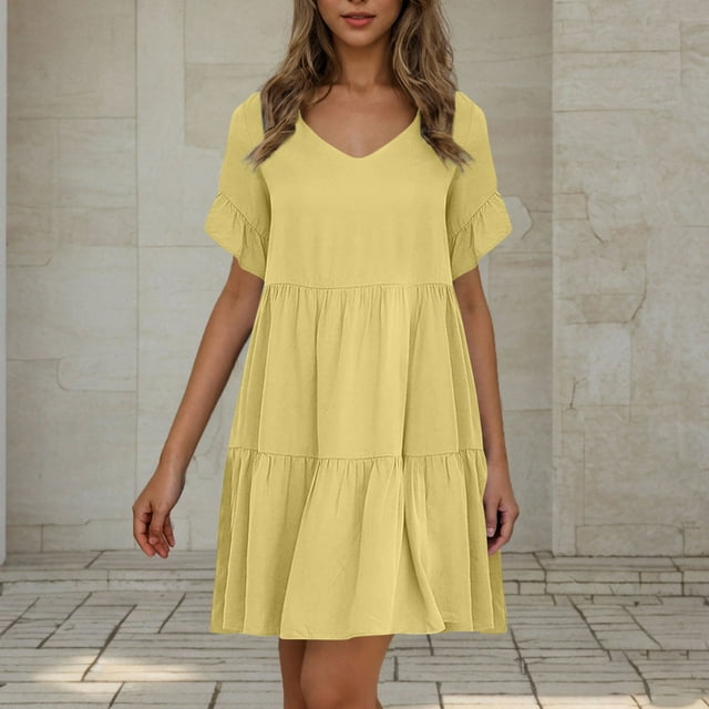 KIHOUT Dresses for Women Casual Solid Color V-Neck Ruffled Short Sleeve Flowy Midi Dress
