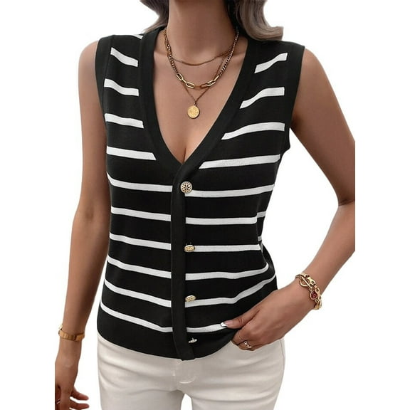 Summer Vest Tops for Women 2025 Striped Sweater Vests Vacation Button Up Outfits Shirts Blouses Clothes Black M