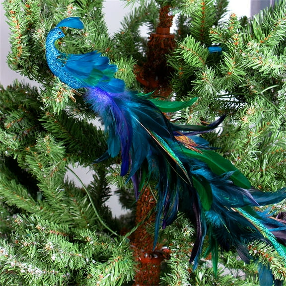 Artificial Peacock with Long Tail Christmas Ornaments for Crafts Home Wedding Party Xmas Tree Decors Blue 17.5 in