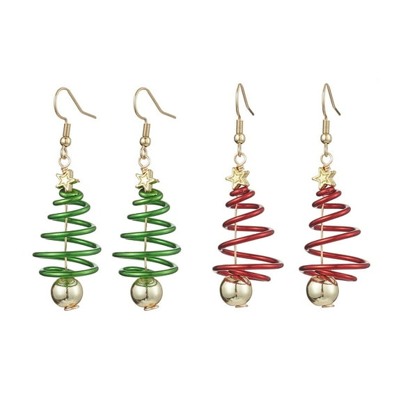 2 Pairs 2 Colors Christma Tree Electroplated Synthetic Non-magnetic Hematite & Aluminum Wire Dangle Earrings 304 Stainless Steel Jewelry for Women Mixed Color 57x8.5mm 1 pair/color