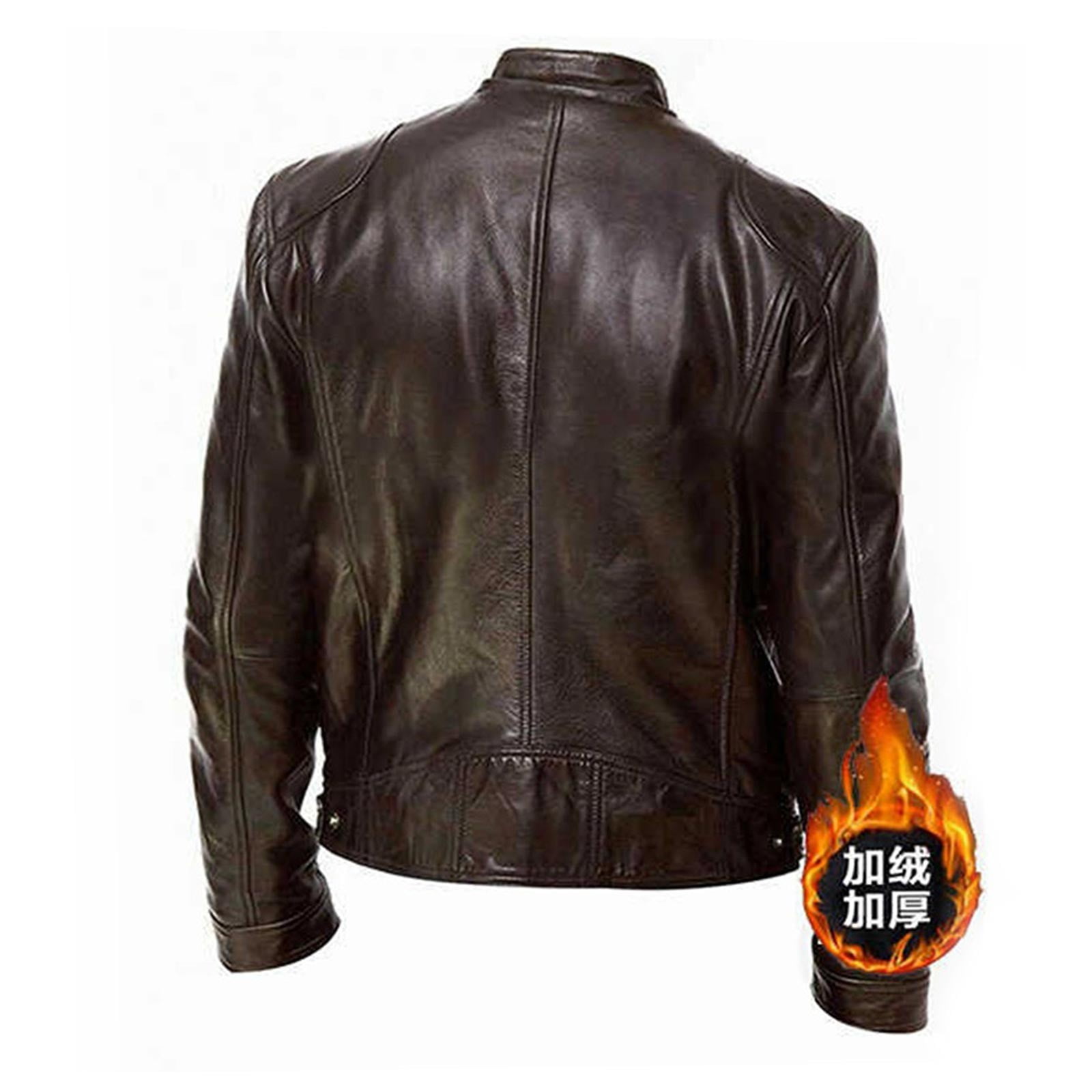 Bazeneo Mens Leather Jacket Winter Fleece Faux Leather Jacket Thick Warm Zip Motorbike Jackets Long Sleeve Western Style Pu Outwear Stand Collar Slim Fit Coat with Pocket Coat for Men