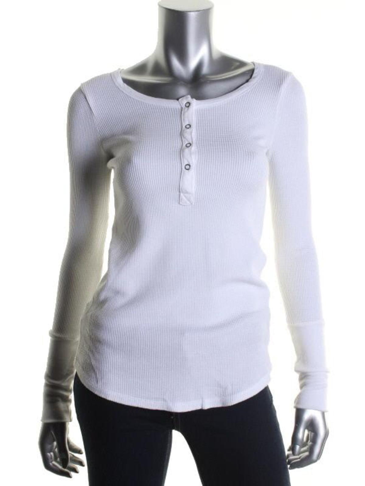 Splendid Women's Long Sleeve Thermal Henley Shirt, White, XX-Small
