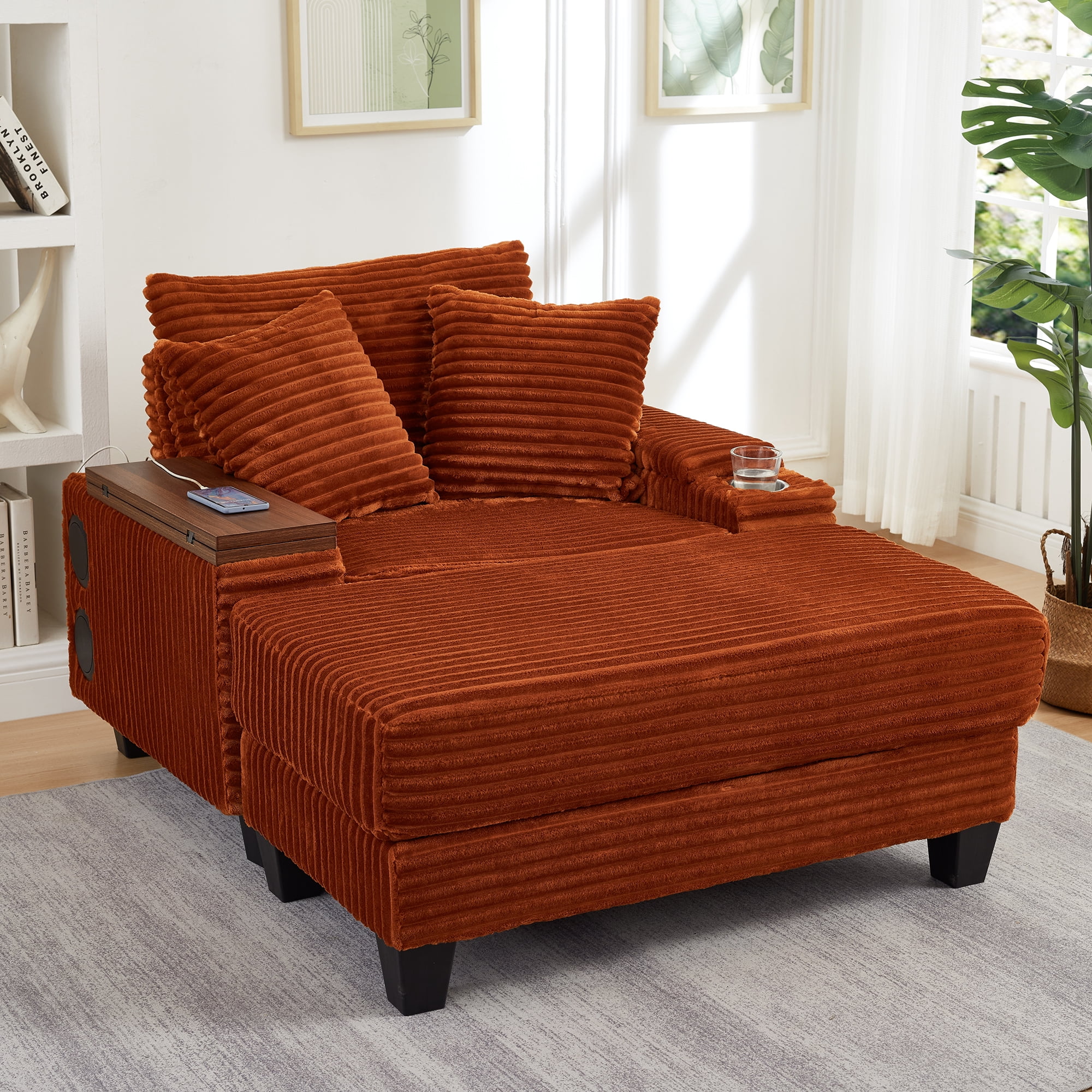 Chaise Lounge Chair Indoor,Corduroy Single Upholstered Sofa Bed with Ottoman,Cup Holder & USB Ports,180°Rotating Table Board for Living Room,Bedroom,Apartment,Orange
