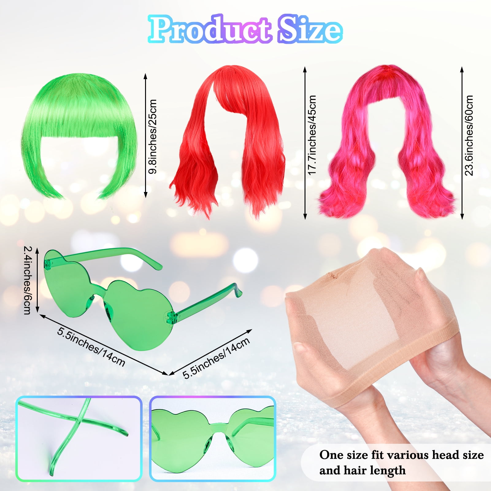 sixwipe 9 Sets Colorful Wigs for Party, Bob Wigs in 3 Hairstyles, Neon Color Wigs with Heart Shape Sunglasses and Wig Cap for Halloween Accessory Adults Cosplay Party Favors