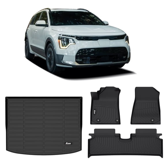 Ikon Motorsports Floor Mats   Trunk Mat Compatible With 2023-2025 Kia Niro EV, Black Car Auto TPE 3D Molded Carpets Liner Front Rear Row All Weather 4PC Set Protector