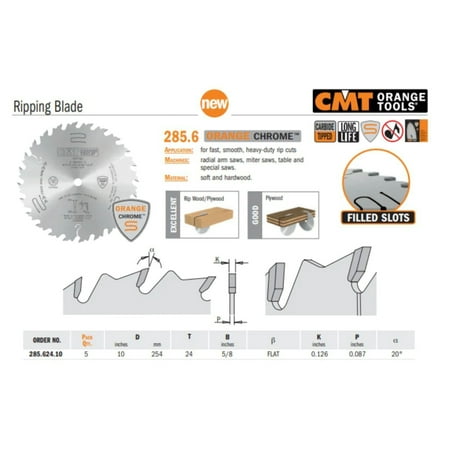 

Cmt Orange Tools 285.624.10 Orange Chrome Ripping Blade 10 X T24 Flat Silver